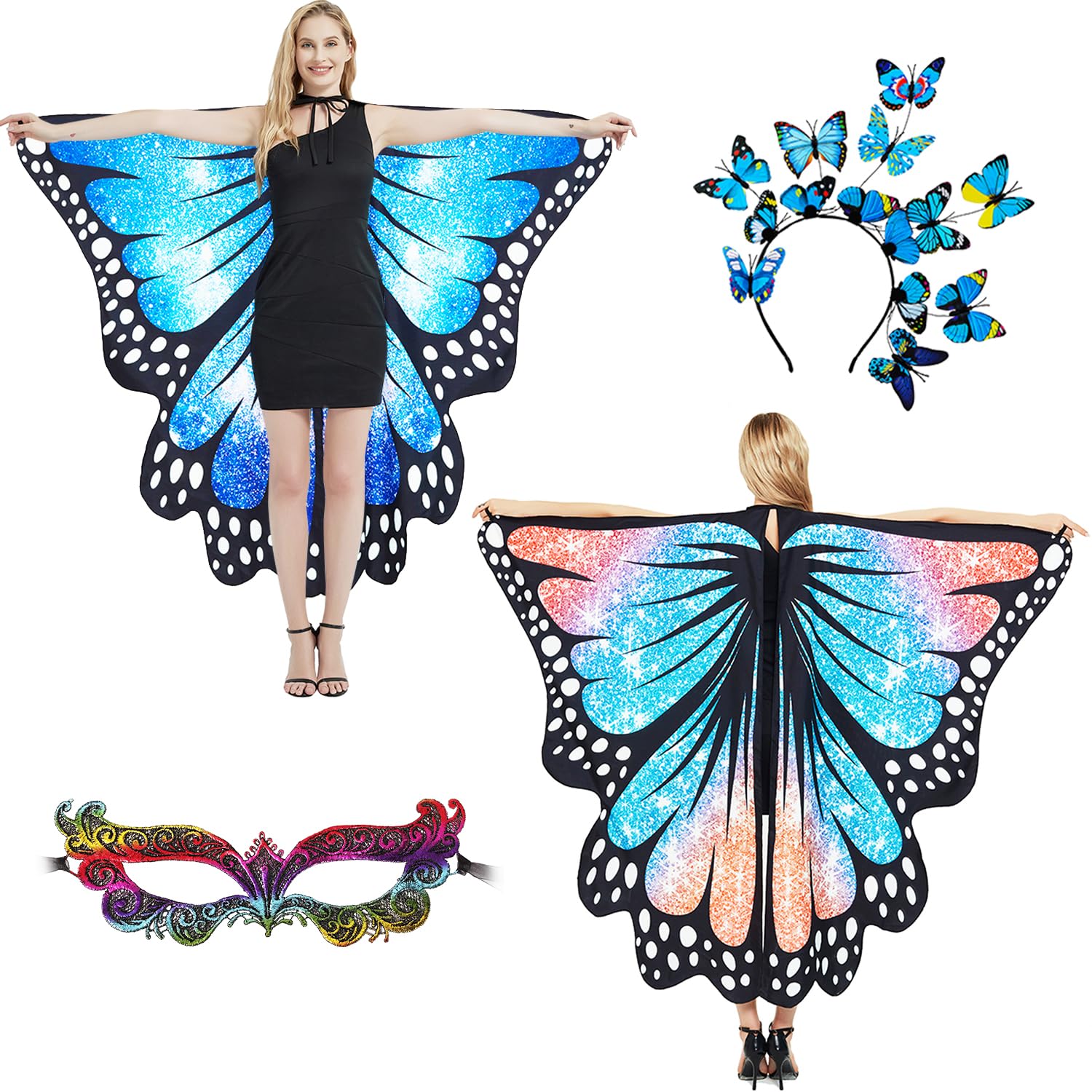 plainshe Butterfly Wings Double-Sided, Fairy Wings for Adults, Halloween Costumes for Women, 3PCS Butterfly Cape Set