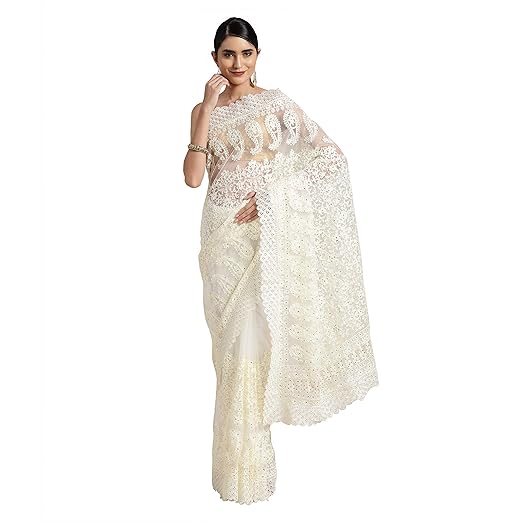 Womanista net with Blouse Piece Saree (TKIM9933_ Off White_ Onesize)