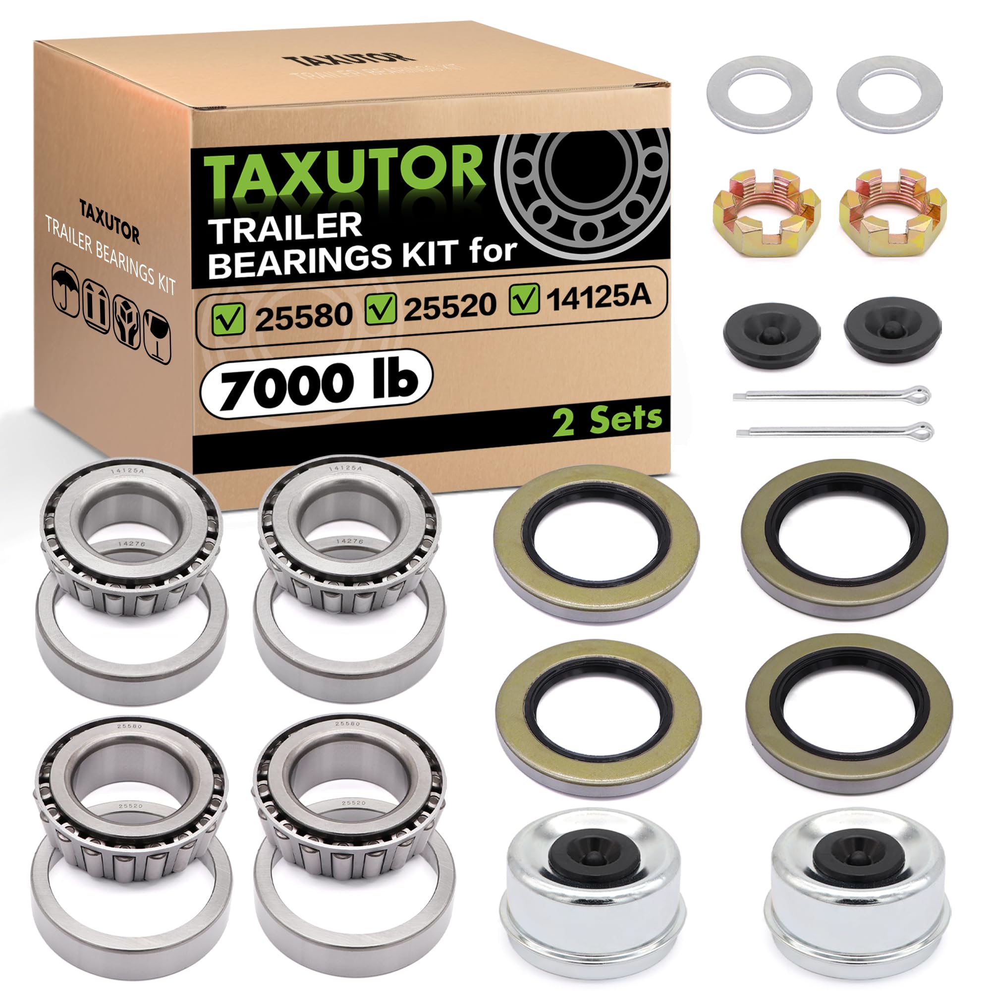 Photo 1 of [2 Sets] Taxutor Trailer Hub Bearing Kit for #D42 Spindle - Fits 1.25" & 1.75" Tandem Axles 5200-6000 lb | Includes 25580 & 14125A Bearings, 2.72" Caps, Double Lip Seals (10-36), Nuts, Washers