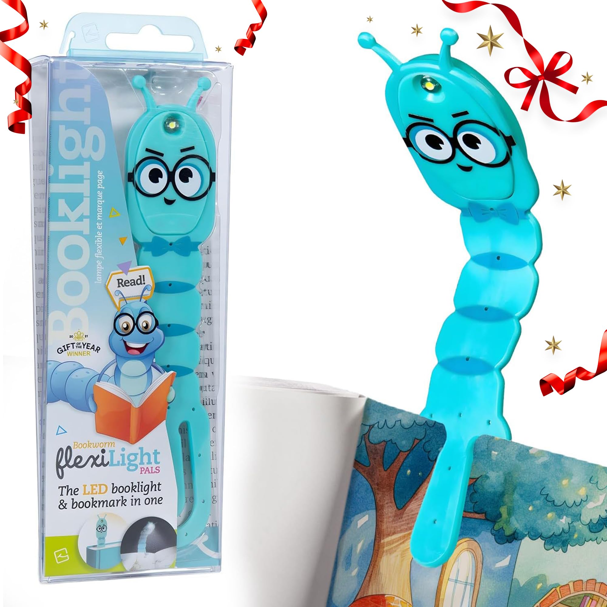 Gifts for Readers & Writers Bookmark Reading Light Bookworm Teal - 2in1 Clip On Bookmark Kids Book Light for Reading Night in Bed, Travel Cute Book Lights, Flexible 8 Lumen LED Lights