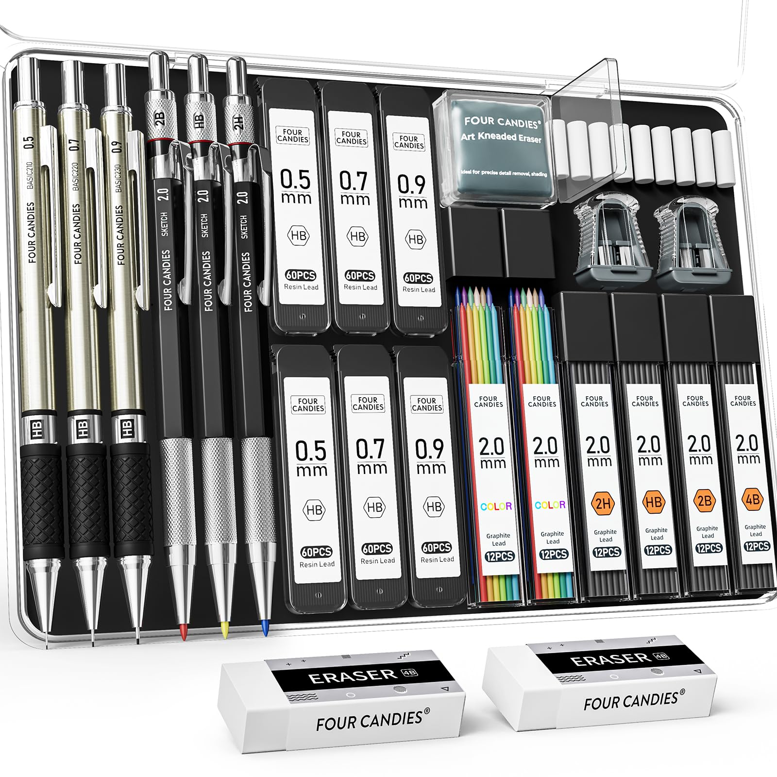 Four Candies 25-teiliges Kunst Druckbleistift-Set mit Etui, Metall-Druckbleistifte 0,5, 0,7, 0,9 mm 2 mm Kupplungsstift (HB 2H 2B 4B Farbe) mit 432 Stück Graphit Minen-Nachfüllungen für Zeichnen