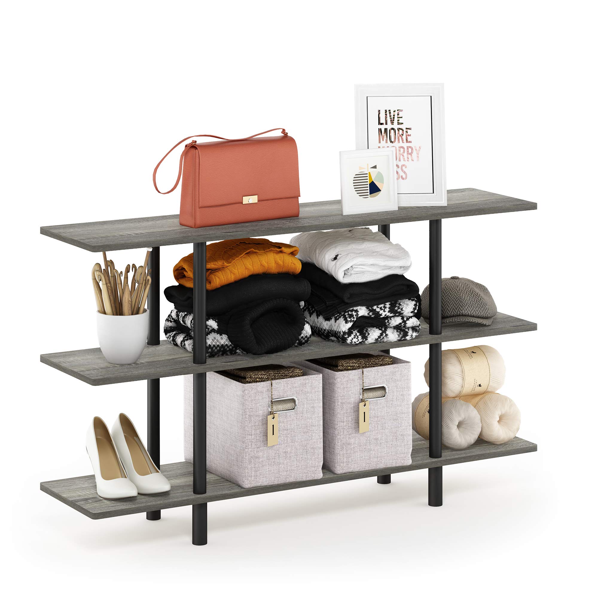 Furinno Turn-N-Tube 3-Tier Wide Display Shelf, French Oak Grey/Black