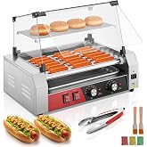 FOHERE Hot Dog Roller 7 Rollers 18-24 Hot Dogs Capacity, 1050W Stainless Steel Hot Dog Machine with Bun Warmer Shelf, Dual Temp Control, Glass Cover, Removable Tray for Commercial and Party