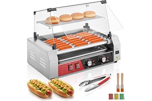 FOHERE Hot Dog Roller 7 Rollers 18-24 Hot Dogs Capacity, 1050W Stainless Steel Hot Dog Machine with Bun Warmer Shelf, Dual Temp Control, Glass Cover, Removable Tray for Commercial and Party