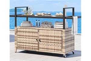 YITAHOME Large Outdoor Kitchen Wicker Island Rolling Cart & Patio Bar Table, w/Wheels and Black Glass Table Top Backyard and Poolside Light Brown