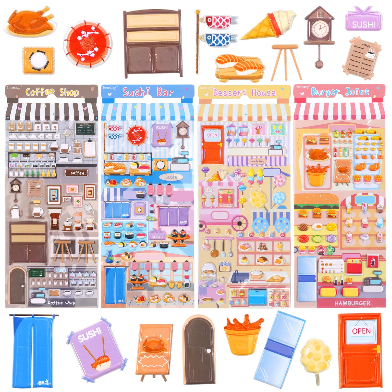 Kids Puffy Stickers Set - 4 Sheets of Food Theme (Hamburger, Sushi, Dessert, Coffee), Reusable Sticker Activity Pad with Play Scenes, Peel, Stick, and Create, for Boys and Girls Crafts