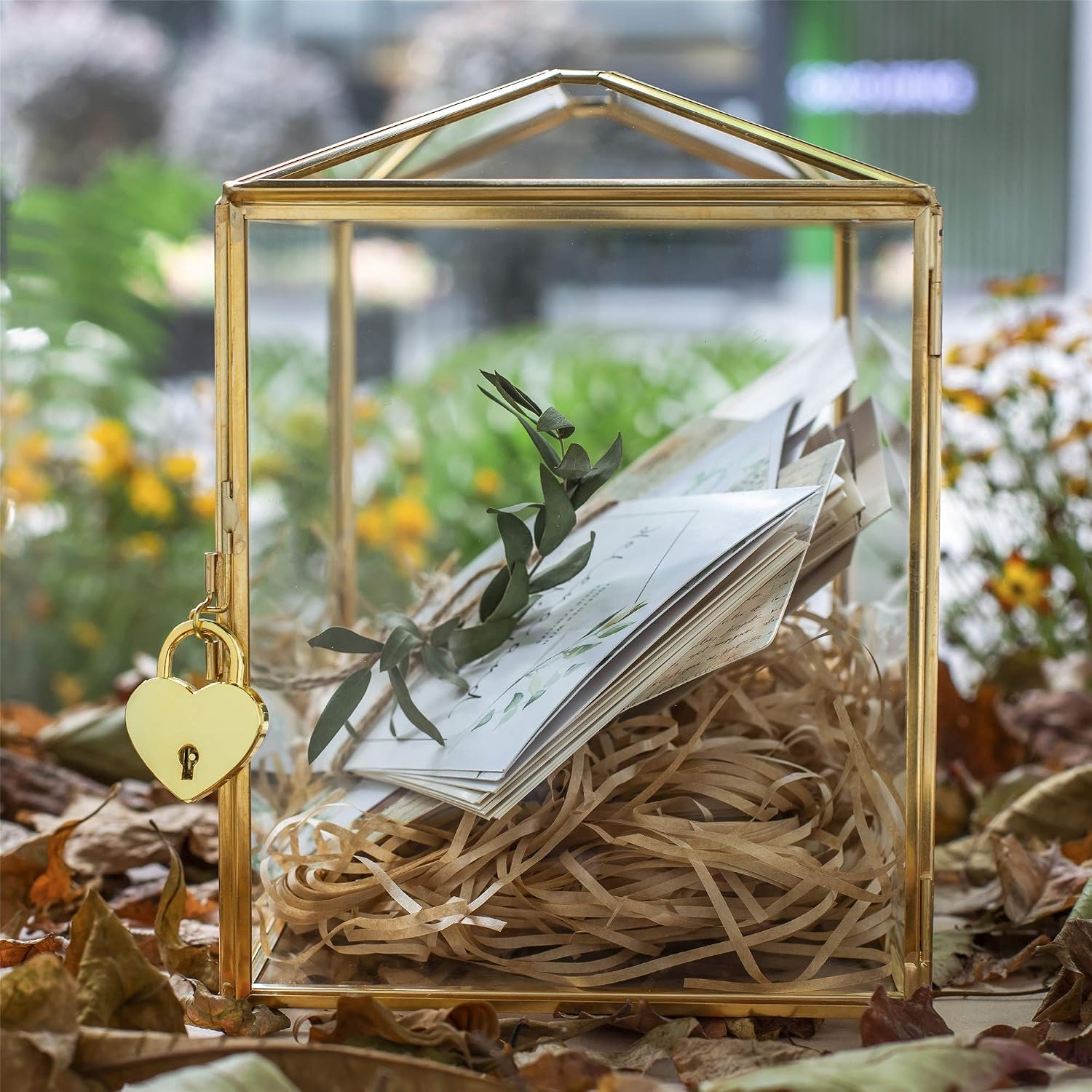 NCYP Glass Card Box with Slot and Lock for Wedding Party Reception, Keepsake, Small 26x15x20.3 CM Geometric Decor, Gold - Image 5
