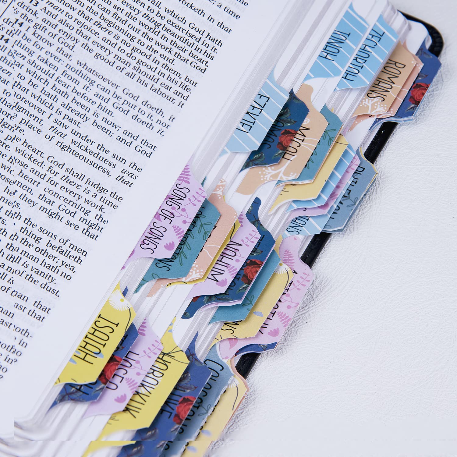 Laminated Bible Tabs for Study Bible, Prefdo Large Print Floral Design 66 Bible Index Tabs Old and New Testament, 39 Blank Tabs, Bible Journaling Supplies Christian Gift for Women
