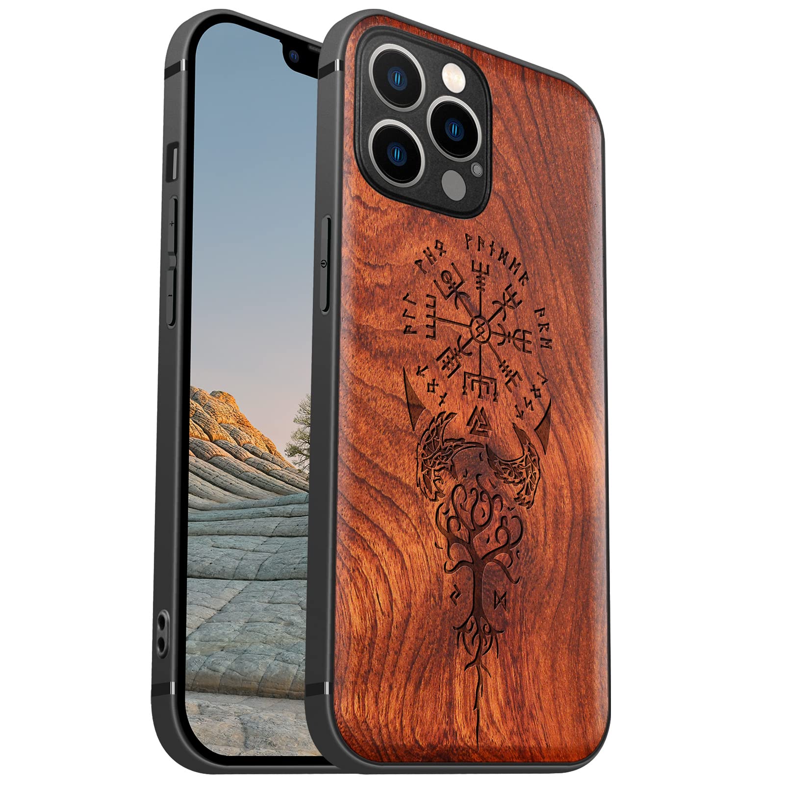 Carveit Magnetic Wood Case for iPhone 12 Pro Case [Hard Real Wood & Soft TPU] Shockproof Hybrid Protective Cover Unique & Classy Wooden Case Compatible with MagSafe (Viking Compass Vegvisir-Rosewood)