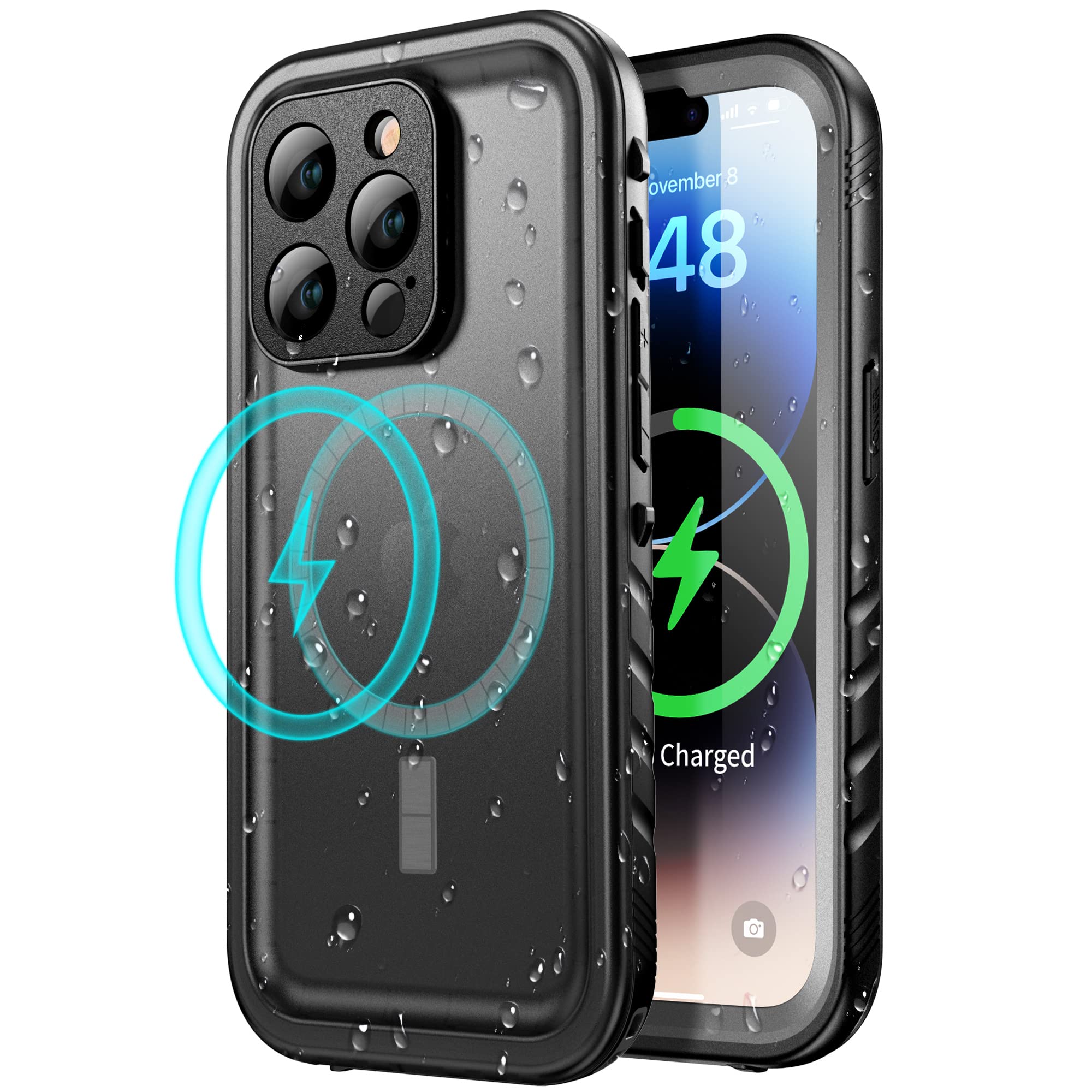SPORTLINK Waterproof Case - Shockproof Heavy Duty Front Back Cover Built in Screen/Camera Protector 360 Full Body Protective IP68 Dustproof Military Bumper for iPhone 14 Pro (6.1"), Black-Magnetic