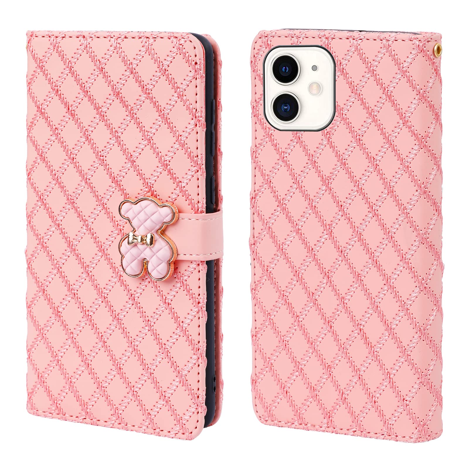 Tiyoo iPhone 12/iphone 12 Pro Flip Case with Wallet, 3D Metal Bear Magnetic Closure, Support Stand and Card Slots, PU Leather with Quilting Embroidery Process (Pink)
