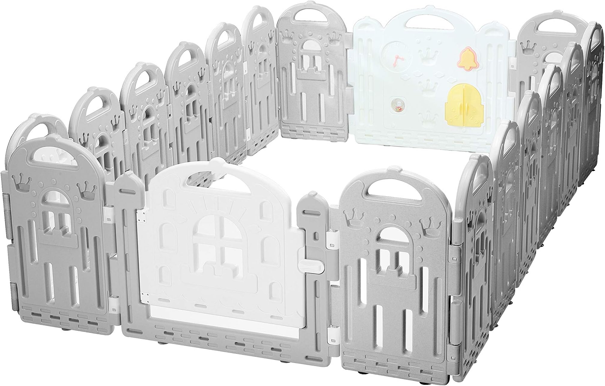 Baby Playpen, Castle Panel + 2 Gates | Portable Play Yard Gate for Babies, Infant, Toddlers | Large Indoor/Outdoor Plastic Play Pen with Panels | Safety Locking Playgate Fence for Kids (Gray, 16)