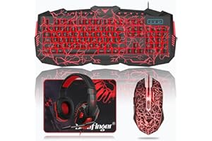 BlueFinger Gaming Keyboard Mouse Headset Combo, USB Wired Crack Backlit,114 Keys Letters Glow LED Keyboard, Red LED Light Hea