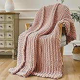 Esterra Chunky Knit Throw Blanket Newly Upgraded Heavy Tighter Version, Handmade Chenille Throw Super Soft, Thick Yarn Cable Knit Crochet Throw Blanket for Couch Bed Sofa, 50" x60, Coral Pink