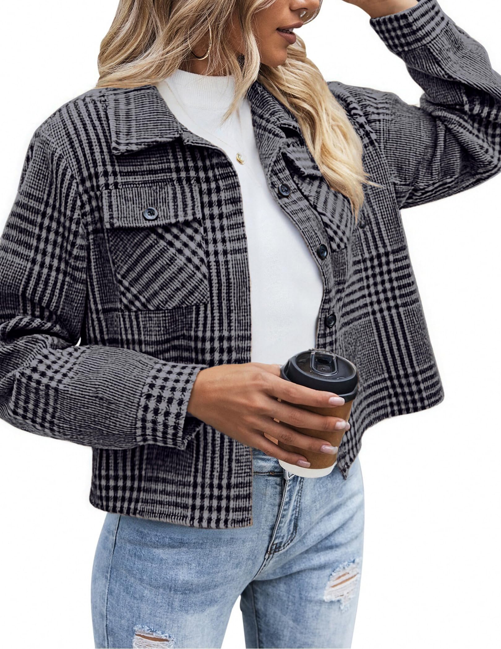 Zeagoo Flannels for Women Cropped Shacket Jacket Fashion Plaid Button Down Shirt 2026 Fall Coat Tops Image
