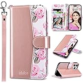 ULAK Compatible with iPhone 15 Pro Wallet Case with Card Holder, Flower Flip Case Wallet for Women Girls PU Leather Kickstand Wrist Strap Shockproof Phone Cover for iPhone 15 Pro 6.1'', Rose Gold