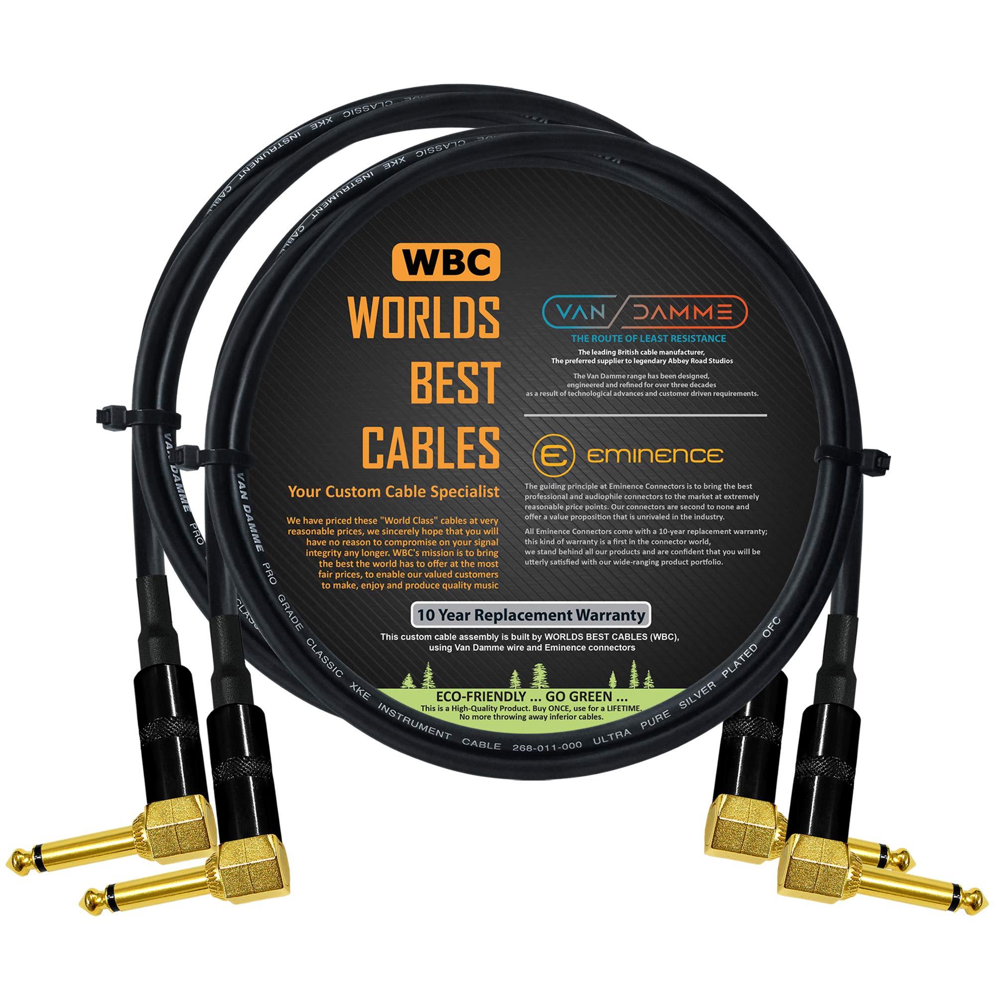 2 Units - 60 CM - Van Damme Pro Grade Classic XKE - Premium, Ultra-Flexible Multi-Shielded Guitar Bass Instrument Effects Pedal Patch Cable w/ Eminence R/Angled Gold ¼ inch TS Plugs & Staggered Boots