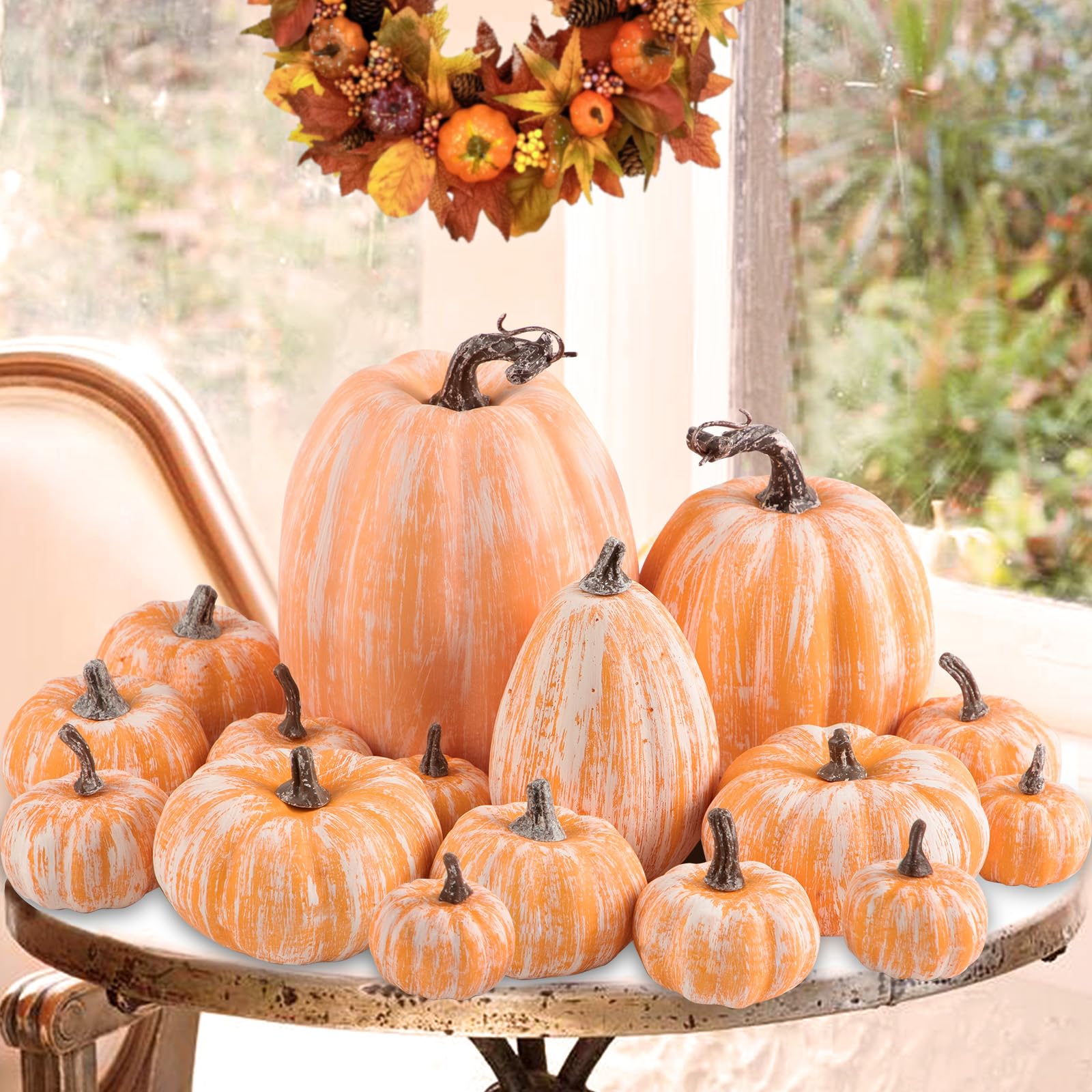 Photo 1 of Ywlake 16 Pcs Artificial Pumpkins Fall Decorations, Fake Terracotta Pumpkin for Autumn Harvest Halloween Thanksgiving Faux Pumpkins Home Table Decor (Terracotta)