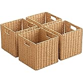 Foldable Storage Baskets with Handles Paper Rope Storage Baskets Rectangle Collapsible Hand Woven Storage Cubes Bins for Organizing Shelves Living Room Bedroom Pantry (4, 11'' x 11'' x 11'')