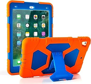 New iPad 9.7 2018/2017 Case, KIDSPR Lightweight Shockproof Rugged Cover with Stand Protective Full Body Rugged for Kids for New iPad 9.7 inch 2018/2017 (6th Gen, 5th Gen) (Orange/Blue)