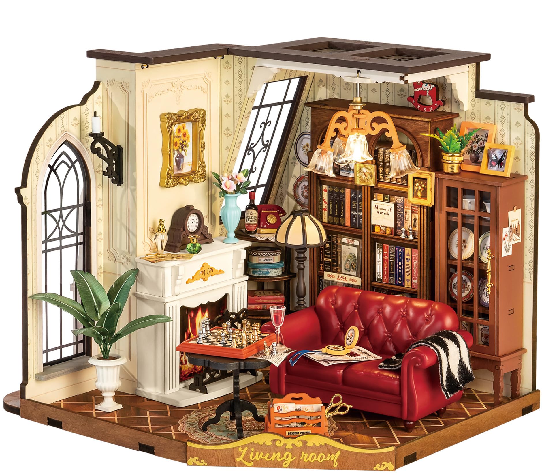 ROBOTIME DIY Miniature Dolls House Kit Catherine’s Living Room, Wooden Building Kits with LED Lights, Model Kits for Adults to Build, Vintage Craft Gift for Girls and Women