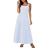 PRETTYGARDEN Women's 2026 Summer Spaghetti Strap Maxi Dresses Plaid Square Neck A Line Casual Beach Vacation Long Sundress