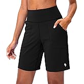 SANTINY Women's Athletic Bermuda Shorts High-Waisted Long Shorts for Women Running Yoga Lounge with Pockets