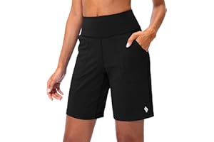 SANTINY Bermuda Shorts for Women with Zipper Pocket Womens High Waisted Long Shorts for Running Workout Athletic