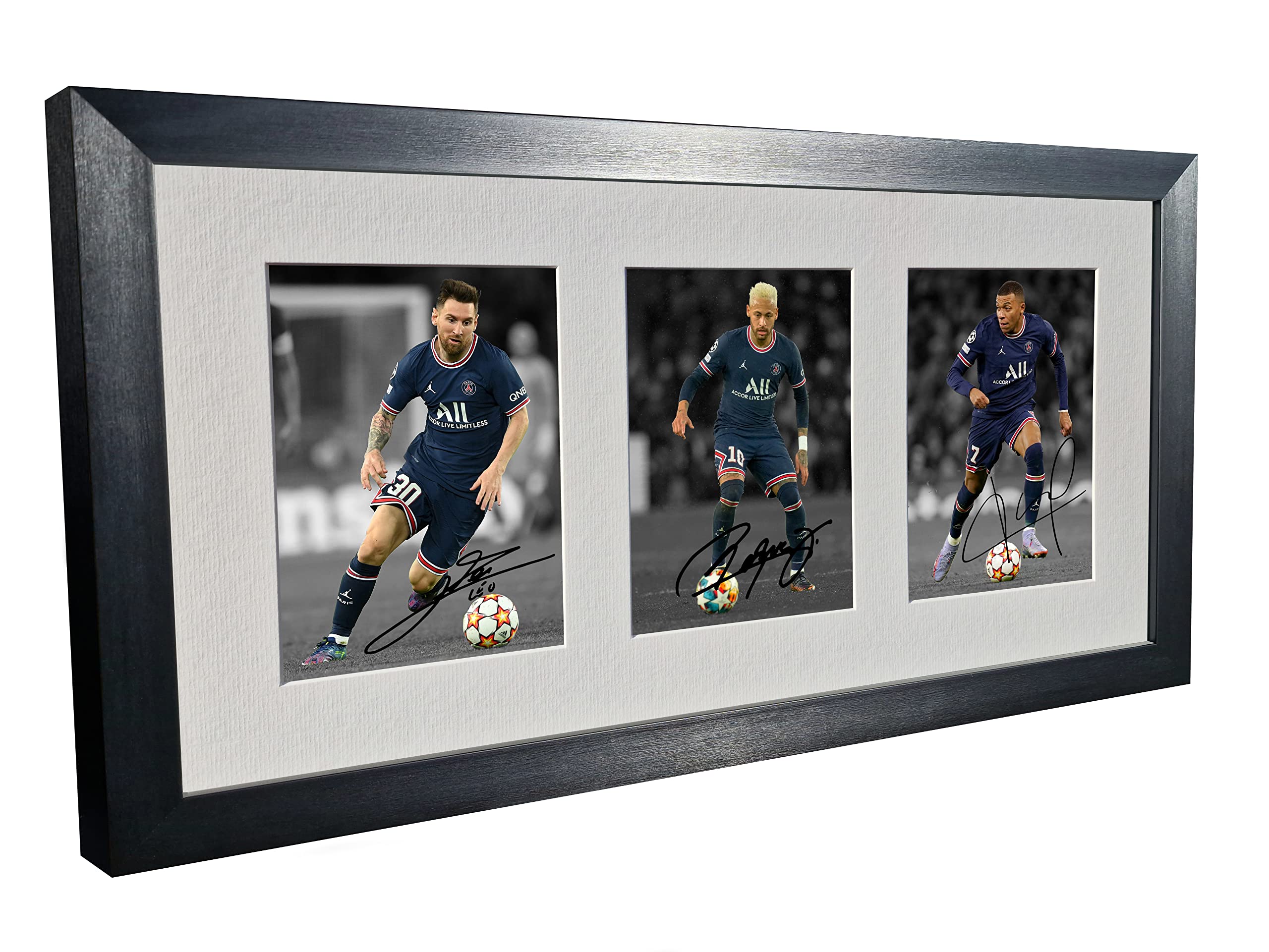 Triple 2022/23 Lionel Messi Neymar Junior Kylian Mbappe Paris Saint-Germain PSG Autographed Signed 12x8 A4 Photo Photograph Picture Frame Football Soccer Poster Gift