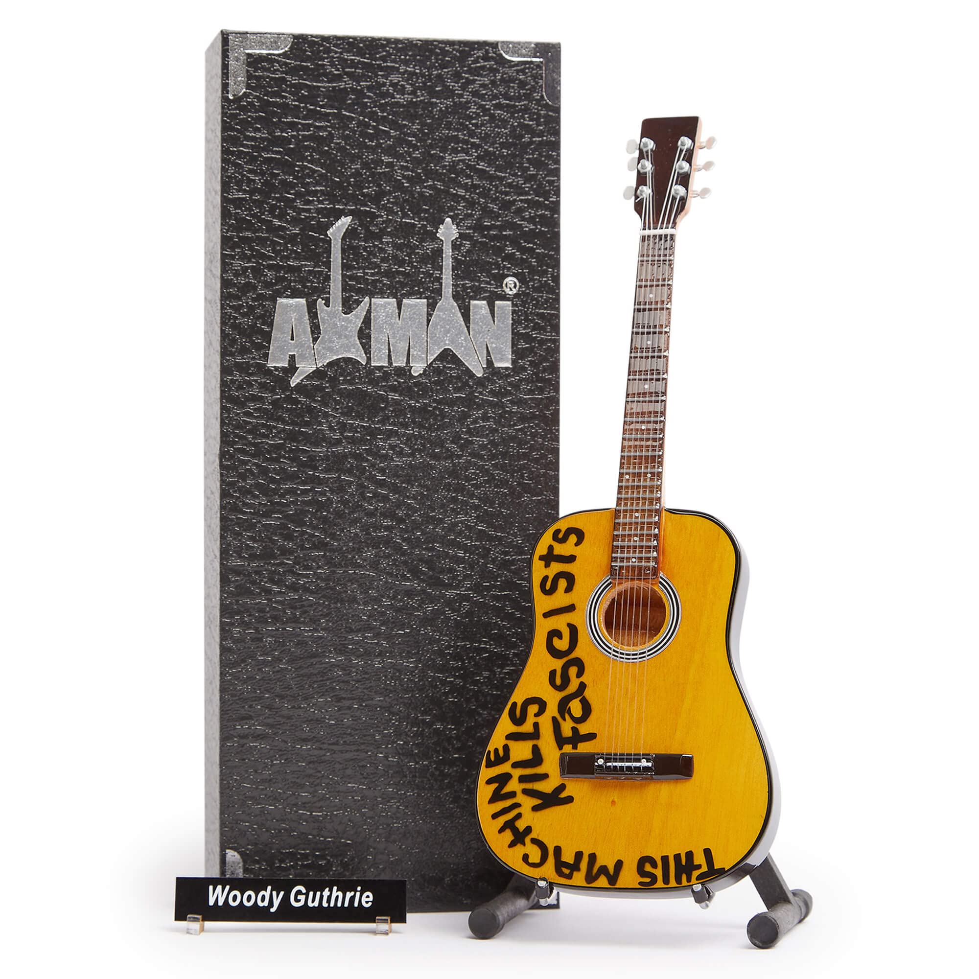 Woody Guthrie - Miniature Guitar Replica - Music Gifts - Handmade Ornamental 1/4 Scale - Includes a Display Box, Name Tag and Miniature Guitar Stand