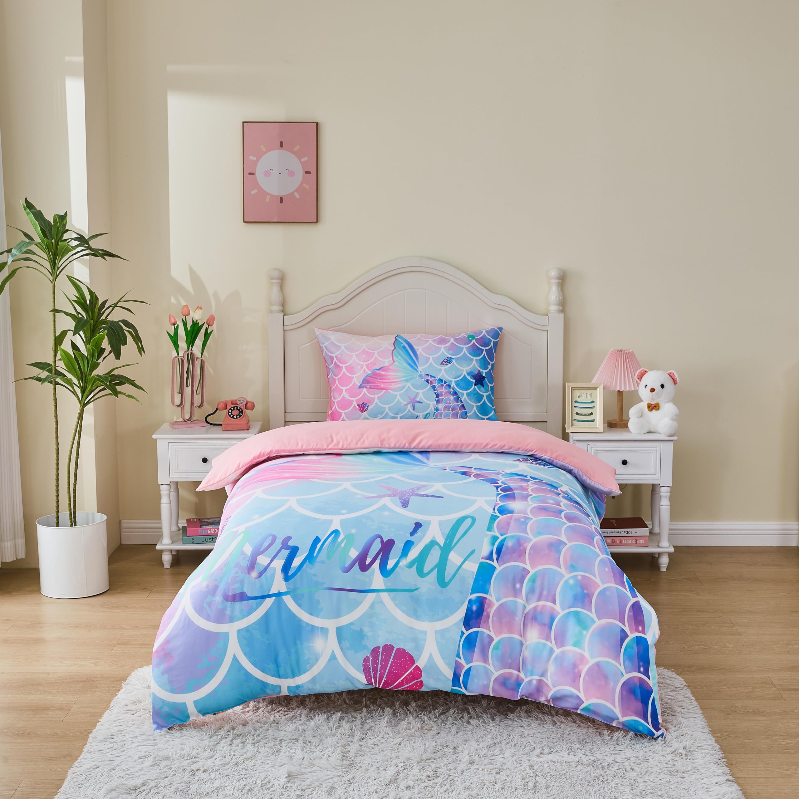MUSOLEI Mermaid Bedding Set Girls Single Colorful 3D Mermaid Tail Blue Duvet Cover Sets Pink Lovely Quilt Cover Soft with Pillwocase (Mermaid, Single)