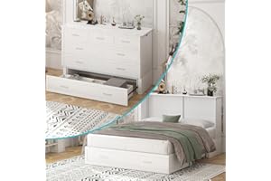 CECER Queen Size Murphy Bed,Solid Wood Cube Bed Cabinet with Foldable Mattress,Space Saving Cabinet Bed Chest with Storage Drawer&USB Charging Station,White