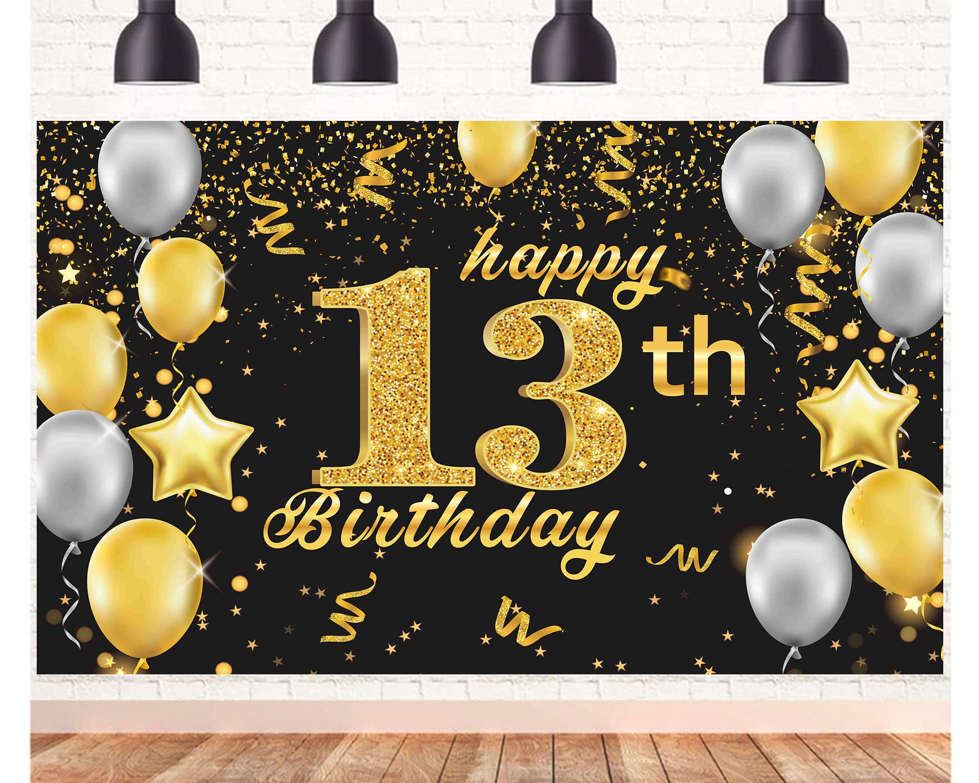 Happy 13th Birthday Banner,13th Birthday Decorations Black Gold,Party Backdrop Banner Fabric Banner.for Men Women 13thBirthday Photo Backdrop,Photography Background,Outdoor Garden Table Wall Decor