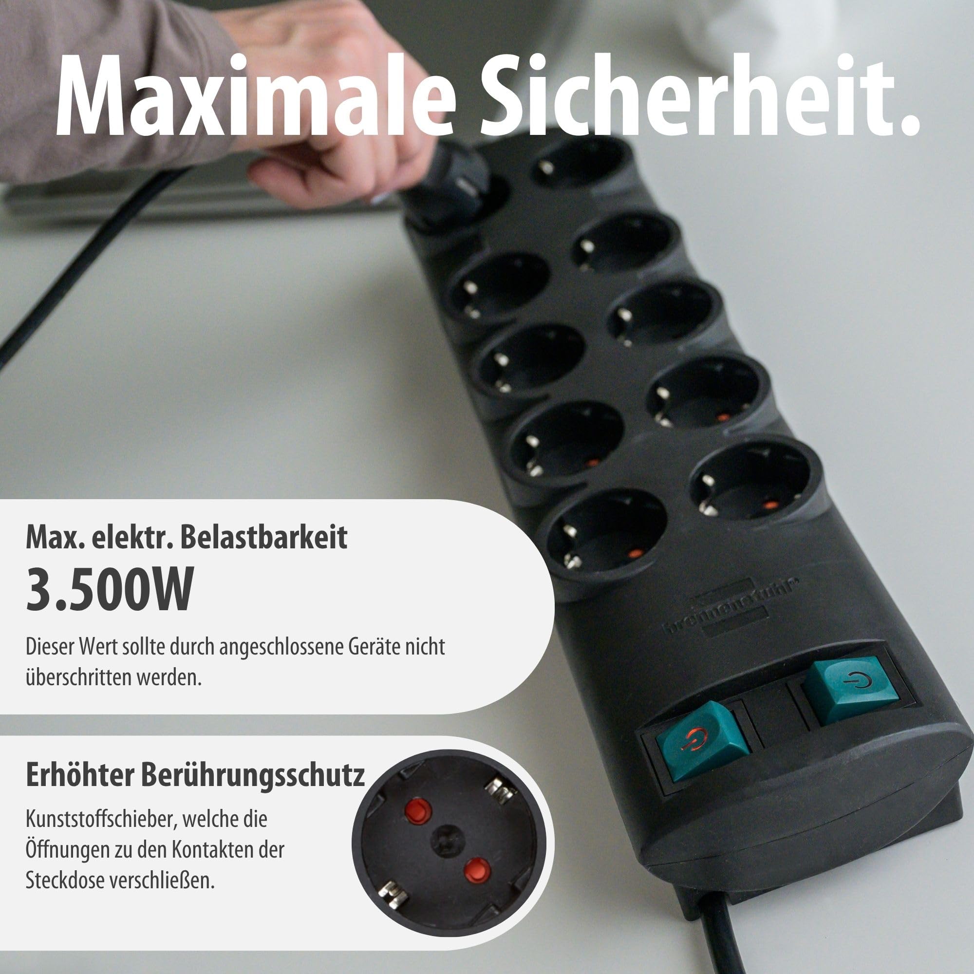 Brennenstuhl Primera-Line Steckdosenleiste 10-Fach (Mehrfachsteckdose mit 2 Schaltern für je 5 Steckdosen und 2m Kabel) schwarz 6