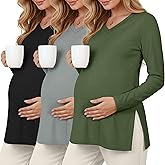 Sweetyweee 3 Pack Women's Thermal Maternity Shirts Fleece Lined Long Sleeve Tops Split Side V Neck Pregnancy Clothes