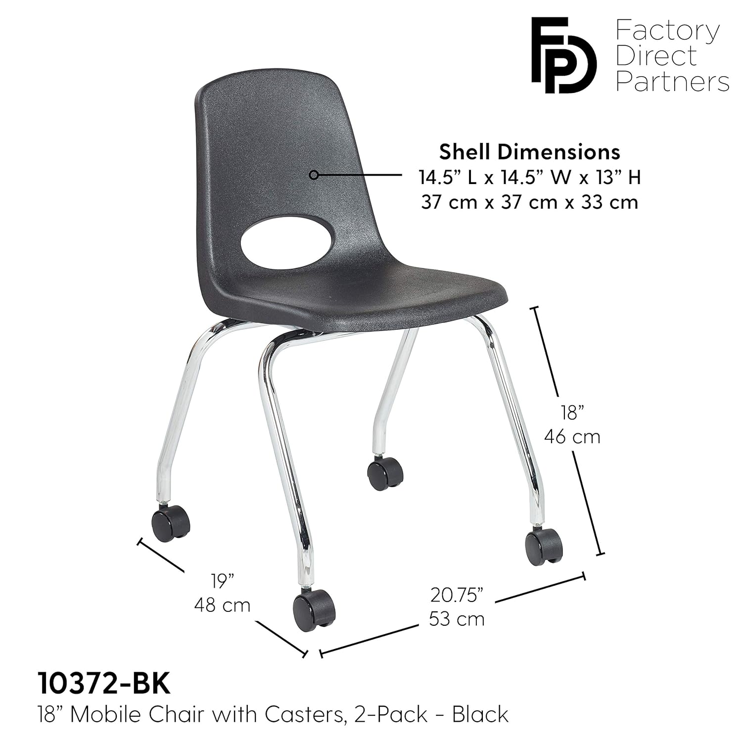 Factory Direct Partners - 10372-BK -10372 18" Mobile School Chair with Wheels for Kids, Teens and Adults; Ergonomic Seat for in-Home Learning, Classroom or Office - Black (2-Pack): Industrial & Scientific