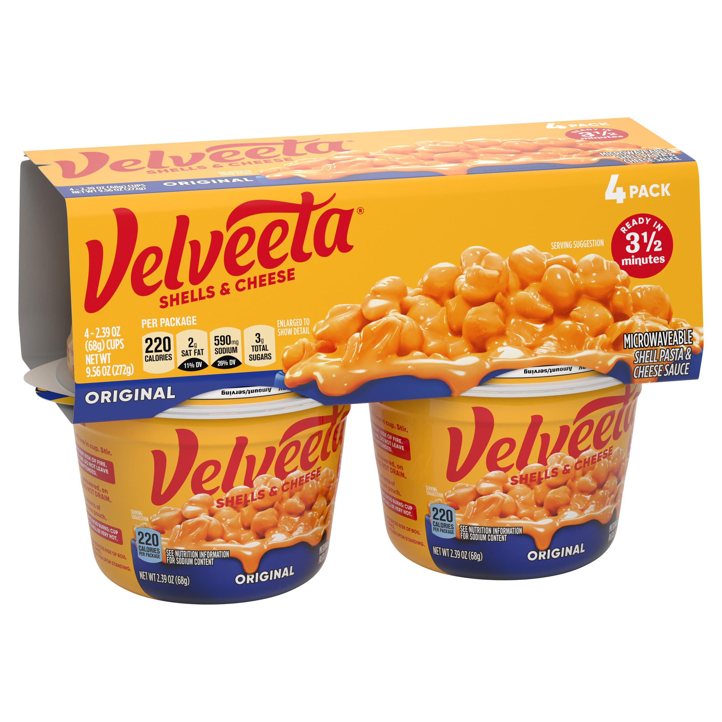 Velveeta Shells & Cheese Original Microwaveable Shell Pasta & Cheese Sauce, 4 ct Pack, 2.39 oz Cups
