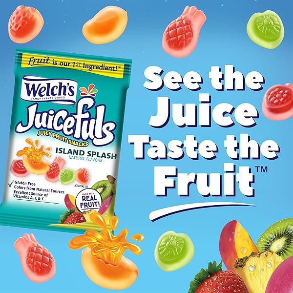WELCH’S JUICEFULS JUICY FRUIT SNACKS, ISLAND SPLASH, FRUIT GUSHERS, PERFECT FOR SCHOOL LUNCHES, BULK PACK, INDIVIDUAL SINGLE SERVE BAGS, 1 OZ (PACK OF 48)