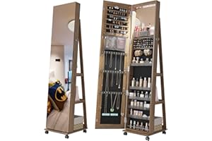 Lvifur 360° Rotating 64'' Jewelry Armoire with 6 LEDS, Full Length Mirror Large Capacity Jewelry Organizer Armoire, Lockable Floor Standing Mirror with 4 rollers for Bedroom, Cloakroom