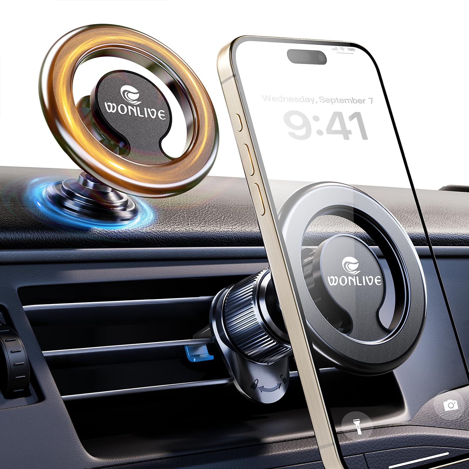 WONLIVE for Magsafe Car Mount, 2 in 1 Vent/Dashboard Magnetic Phone Holder - [44 Strong Magnets] Car Phone Holder Mount Fit iPhone 17 16 15 14 13 12 Plus Pro Max for Magsafe Case and Other Cellphone