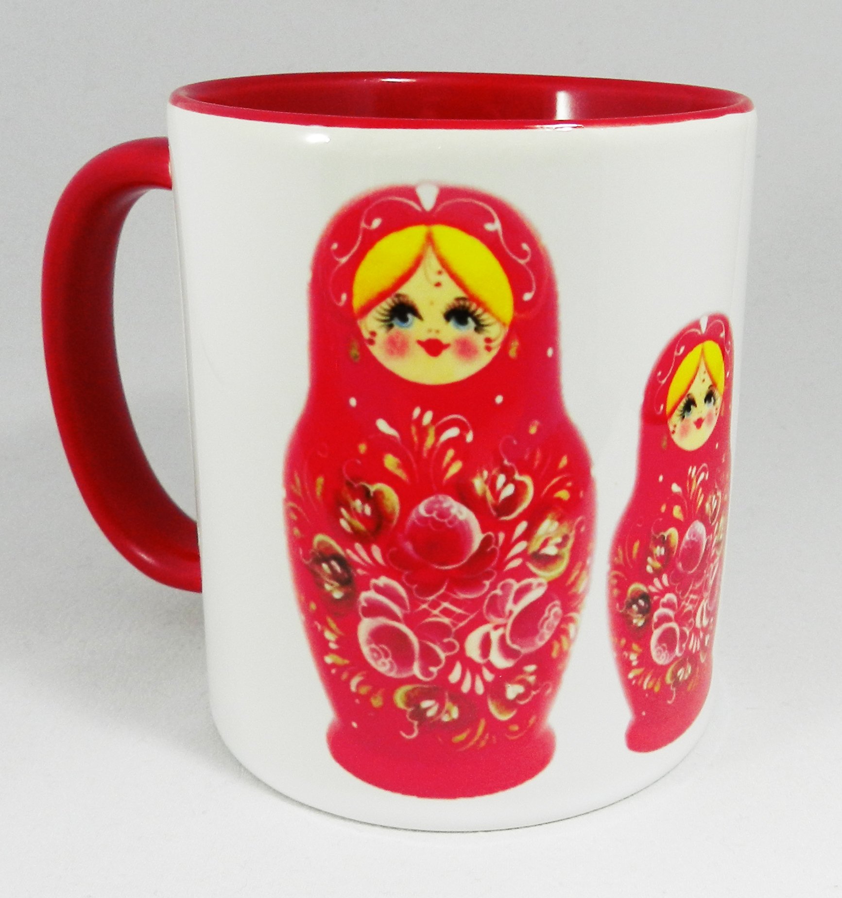 Half a Donkey Red Russian Doll (Matryoshka) Ceramic Mug with Glazed Red Handle and Inner 310ml (11oz)