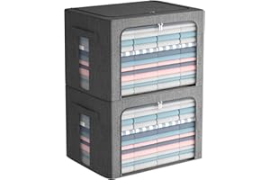 FHSQX Extra Large Clothes Storage Bins - Foldable Metal Frame Storage Box - Stackable Linen Fabric Box Organizer Set with Carrying Handles and Clear Window -100L (Gray, 23.6x 16.5x 15.7 Inch)