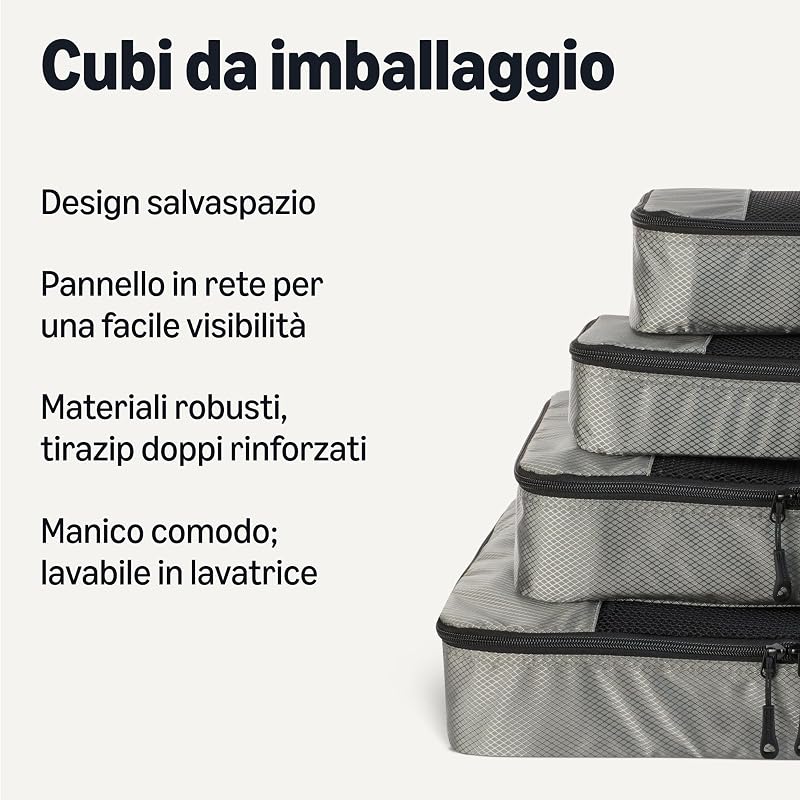 , Set di 4 Packing Cube, Accessori da Viaggio, Organizer per Bagagli con Doppia Cerniera, Parte Superiore in Rete, 100% Poliestere, S/M/L/Slim, Grigio (in Precedenza Amazon Basics)