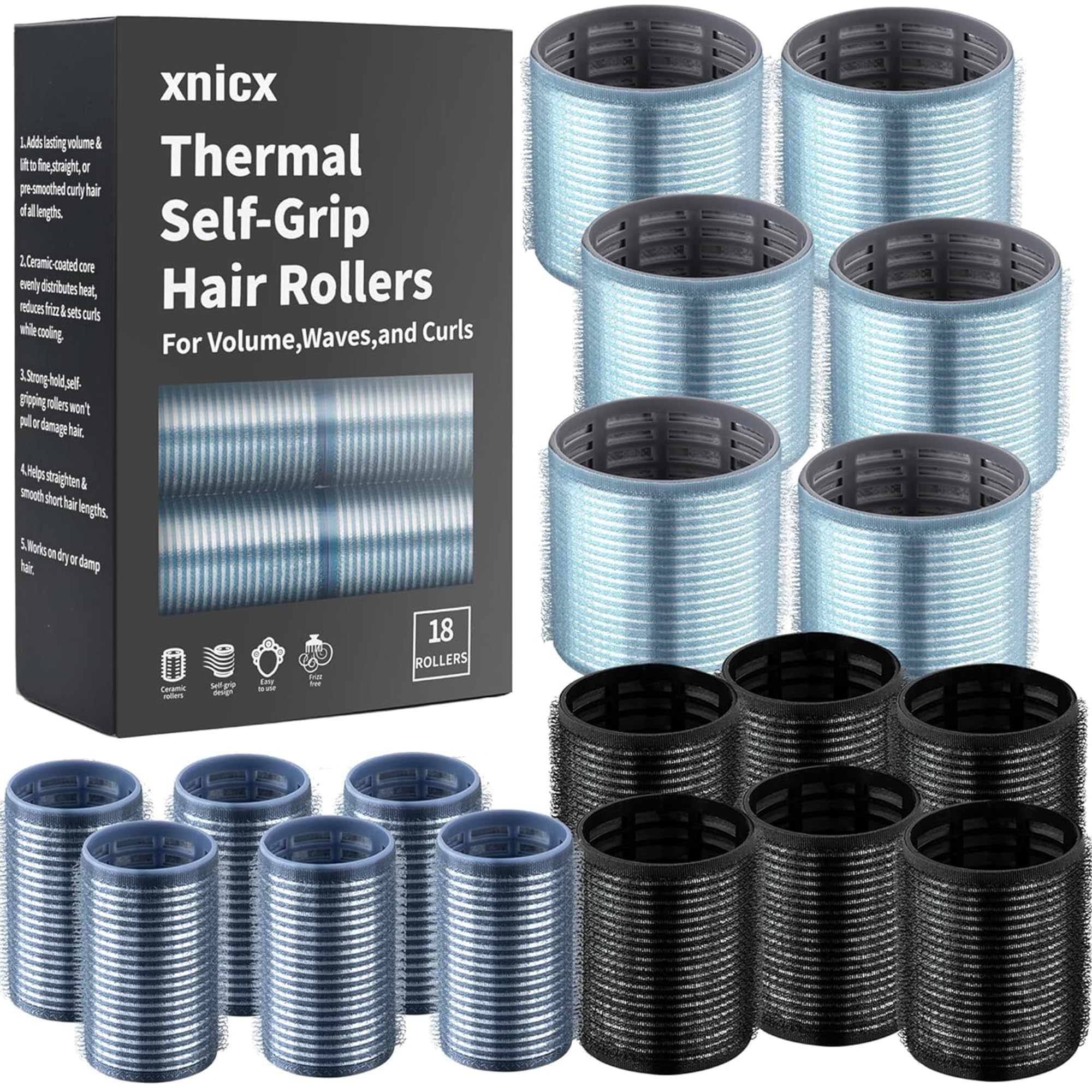 xnicx 18pcs Hair Roller Set Hair Curlers,Self-Grip Ceramic Ionic Thermal Rollers,Rollers Curlers to Sleep In for Hair Blowout Look,Salon Quality Hair Rollers for Long Short Hair