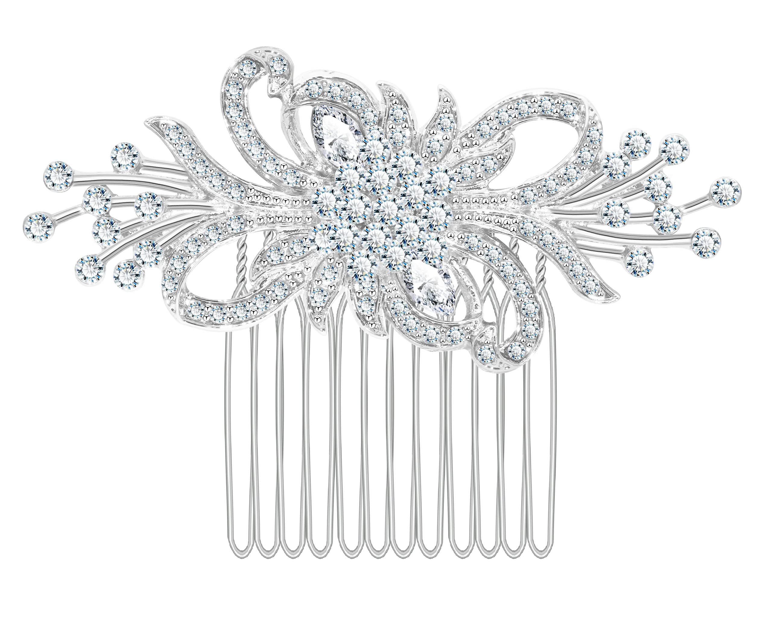 KristLand Women's Combs Silver Tone Flower Hair Combs Bridal Hair Clip Sparkly Austrian Crystal Rhinestones Barrette Bridal Flower Side Wedding Engagement Gift Box