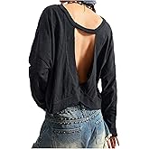 WDIRARA Women's Open Back T Shirts Crew Neck Long Sleeve Tee Cut Out Loose Crop Tops