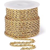 Cadikez 16.5 Feet 18K Gold PVD Plated Stainless Steel Rope Chain, 3mm Width 304 Stainless Steel Rope Chains Roll Bulk for Jewelry Making