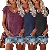 LOOKFACE 3 Pack Womens Cap Sleeve Tops V Neck T Shirts Casual Spring Summer Beach Vacation Fashion Basics Tee Clothes