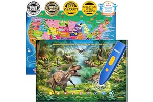 QIAOJOY Bilingual Interactive for Kids Talking USA Map Dinosaur Poster for Kids Learning and Educational Toys,Talking Educational Dinosaur Toy for Ages 3 to 12 Years Old,Learning Chart for Preschool/Gift
