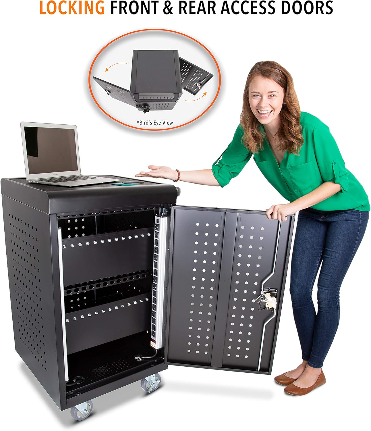 Line Leader 30 Unit Compact Mobile Charging & Storage Cart | Locking Cabinet Holds 30 Tablets, Laptops or Chromebooks | Mobile Lab w/Two 15-Outlet Power Strips | Great for School, Classroom & Library: Home & Kitchen